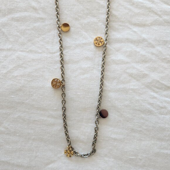 TORY BURCH Two-Tone Logo Charm Rosary Station Necklace - Picture 3 of 6